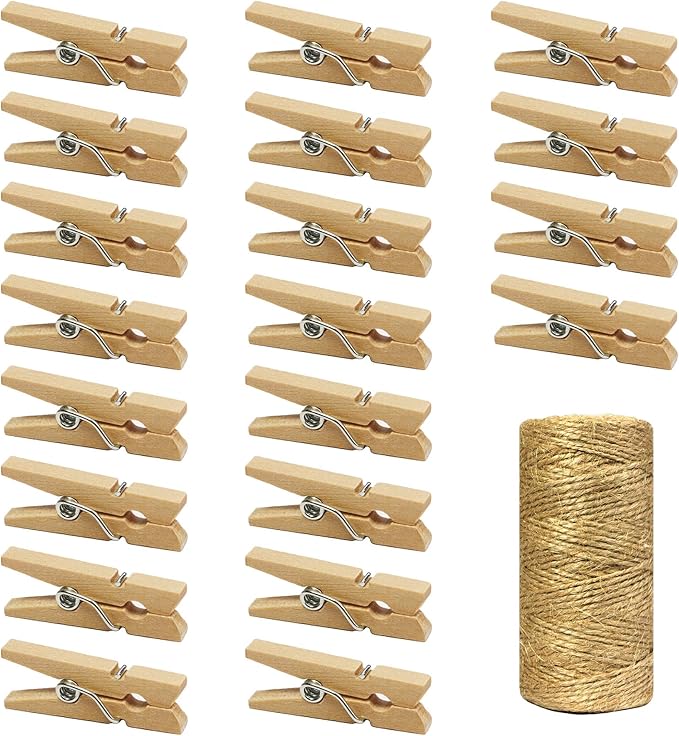 Mini Wooden Clothespins With Jute Twine, 1 Inch Photo Paper Peg Pin Craft Clips by Millennial+Essentials