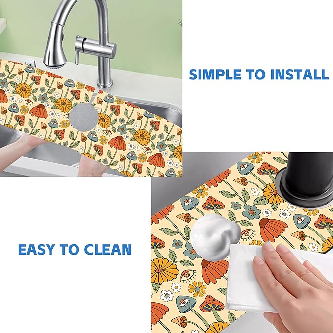 Abstract 70s Mushroom Floral Sink Faucet Absorbing Mat Sink Splash Guard Faucet - Image 5