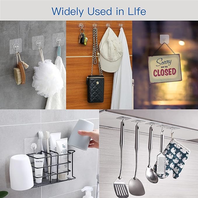 Adhesive Hooks, 12 Pack Heavy Duty Sticky Hooks, Transparent Removable Adhesive - Image 4
