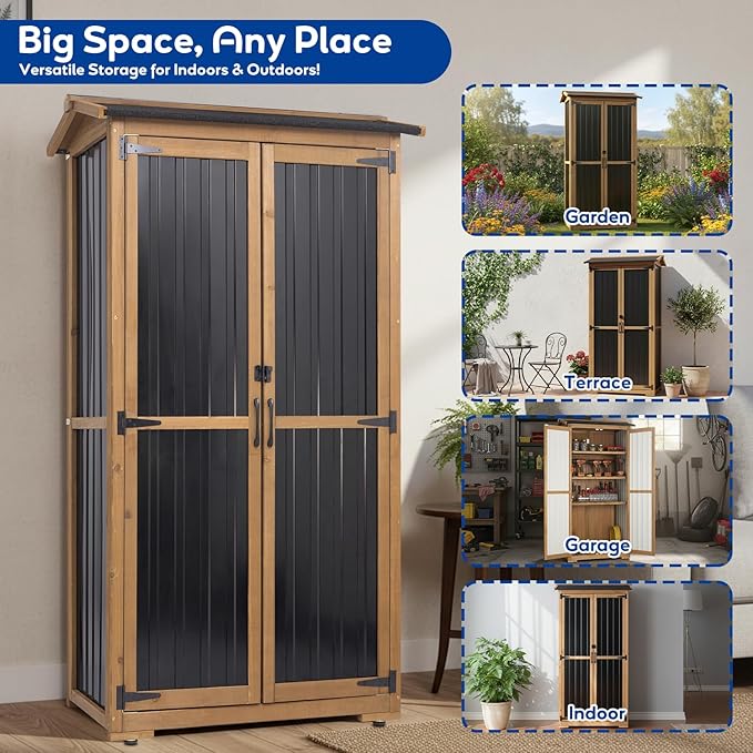 Outdoor Storage Cabinet Weather-Resistant, Wood & Metal Storage Shed with 3 Removable Shelves, Waterproof Roof, Adjustable Feet, Patio Storage Cabinet Outside for Garden Garage Backyard Pool - Image 7