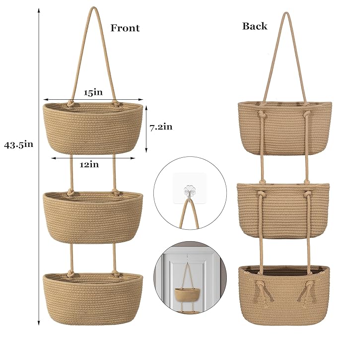 3 Tier Wall Mounted Woven Hanging Basket, Over the Door Hanging Basket - Image 2