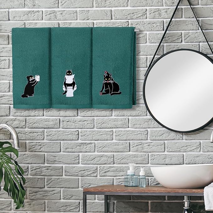 3 Pcs Cat Hand Towels for Bathroom Decor Funny Embroidered Black Cat Halloween - Image 3