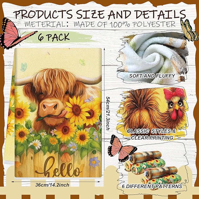 Breling Set of 6 Farmhouse Animal Kitchen Towels Funny Dish Towel Bathroom - Image 2