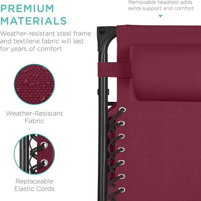 Best Choice Products 30” Wide Folding Zero Gravity Outdoor Recliner Patio Lounge Chair w/Adjustable Canopy Shade, Headrest, Side Accessory Tray - Burgundy - Image 7