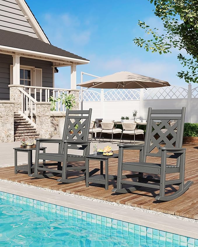 GarveeLife Outdoor Rocking Chair Set of 6, HDPE Weather Resistant Patio Rocking Chair Porch Rocker with Wood Texture & 380 LBS Support for Deck, Pool, Backyard, Gray - Image 5