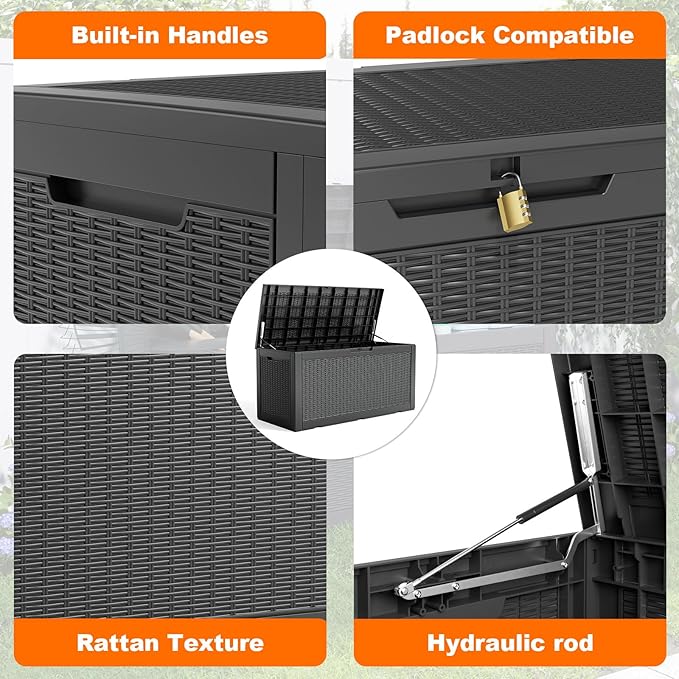 120 Gallon Resin Deck Box, Lockable Weatherproof Outdoor Storage Box for Furniture, Garden Tools and Tools Storage, Waterproof Outside Storage Boxes - Black - Image 3