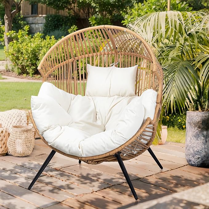 Vongrasig Wicker Egg Chair PE Rattan Chair with Cushion, Oversized Patio Lounge Chair for Outdoor, Indoor, Balcony, Backyard, Garden, Living Room, Beige - Image 3