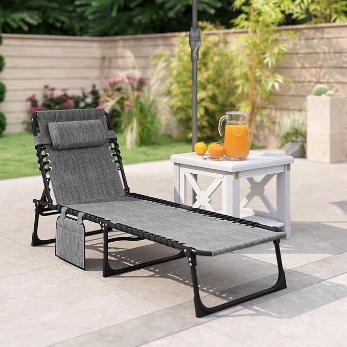Outsunny Chaise Lounge Chair Outdoor, 5-Position Adjustable Sun Tanning Chair with Carrying Handle and Side Pocket, Folding Bed Cot with Removable Pillow for Garden, Beach, Patio, Pool, Camp, Gray - Image 9
