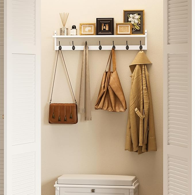 BAMEOS 35" L Wall Hooks with Shelf, Entryway Coat Hooks, Wood Wall Hanging Shelf - Image 4