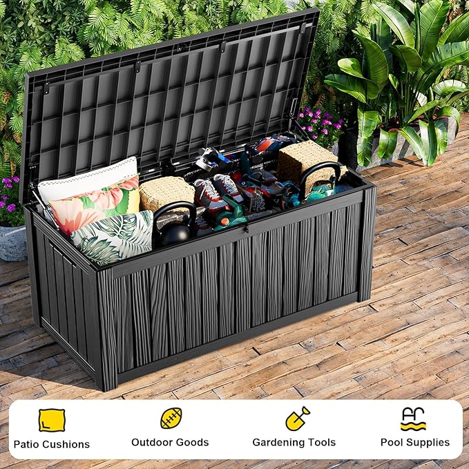 150 Gallon Outdoor Storage Box, Weather Resistant & Waterproof Resin Deck Box with UV Protection, Rattan Black Patio Storage Cabinet for Garden, Patio, Porch, Poolside(Black) - Image 5