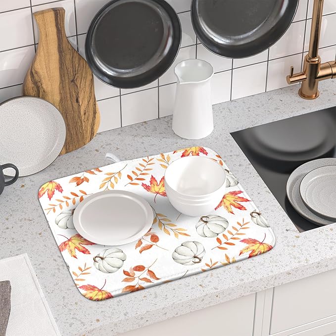 Fall Dish Drying Mat for Kitchen Counter Autumn White Pumpkins Maple Leaves - Image 6