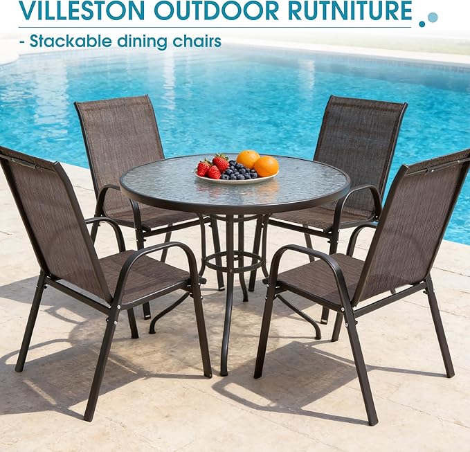 Outdoor Stackable Chairs Set of 4, Stacking Patio Chairs with Textilene Fabric, Outside Furniture for Garden Backyard Balconie Poolside Deck, Brown - Image 8