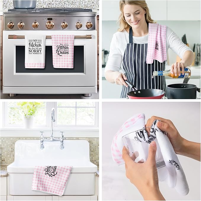 R HORSE Cute Pink Kitchen Towel Set 5Pcs Pink Check Kitchen Dishcloth Absorbent - Image 5