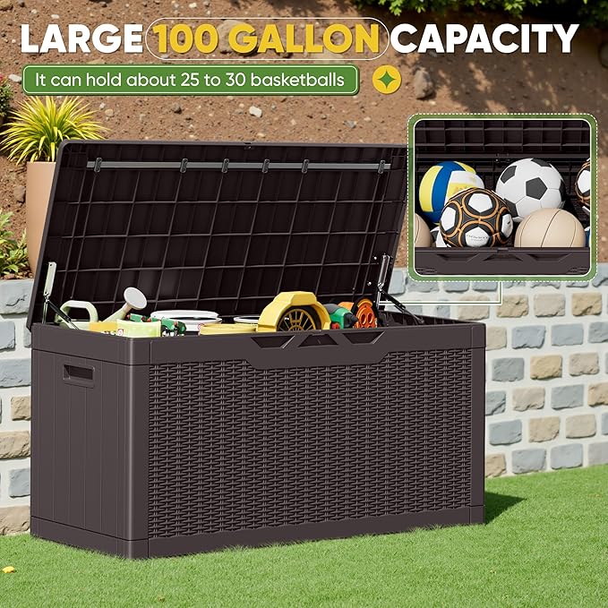 Greesum Outdoor Storage Box 100 Gallon Storage Bin with Lid for Patio Furniture, Garden Tools, Pool Supplies, Lockable, Waterproof and UV Resistant, Dark Brown - Image 4