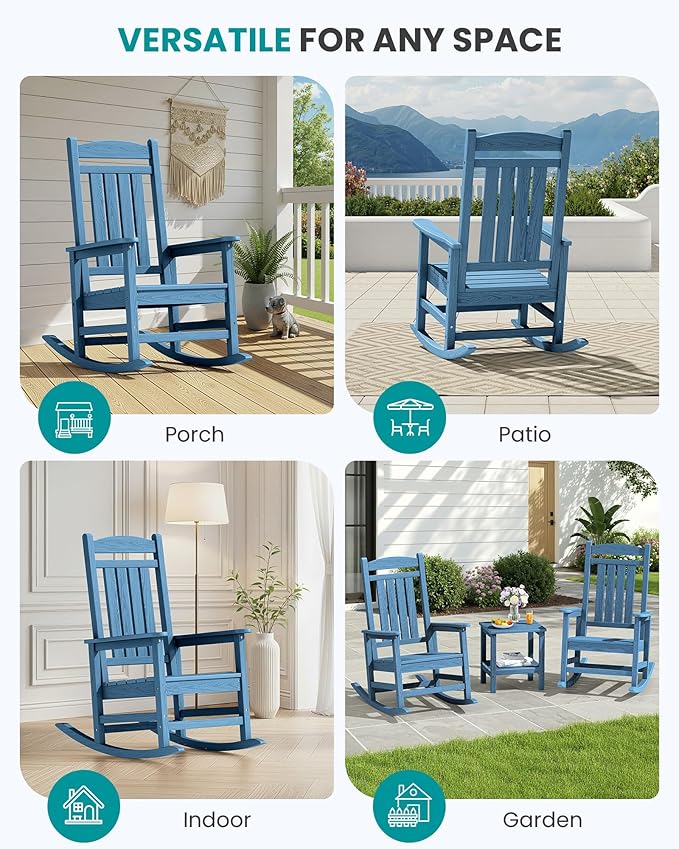 SERWALL Oversized Outdoor Rocking Chair, All-Weather Patio Rocking Chair, HDPE Porch Rocker for Adults, Blue - Image 9