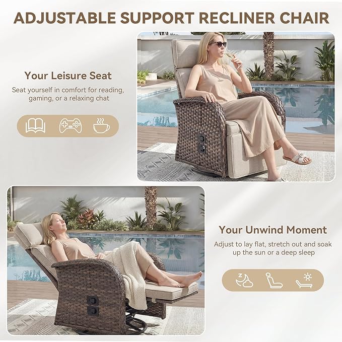 3 Pieces Zero Gravity Patio Swivel Rocking Recliner Chairs Set of 2 - Wicker Outdoor Lounge Chair with Side Table, Adjustable Backrest & Footrest, High Back Outdoor Recliner Chair for Pool Deck Beige - Image 5