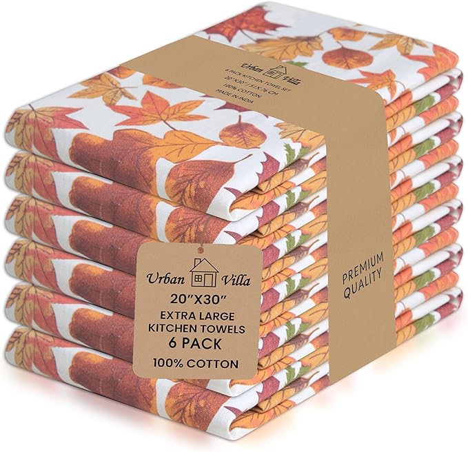 Urban Villa Kitchen Towels Harvest Leaves Print Dish Towels Set of 6 20" X30” by CottonTrends