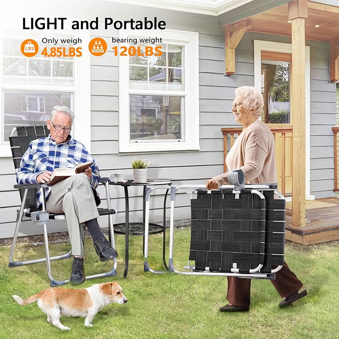 VINGLI Aluminum Oversize Patio Lawn Chairs Folding Set of 2 with Detachable Cup Holder, Webbed Beach Chair Folding Chair Outdoor Portable Camping Chair for Yard, Garden - Image 6