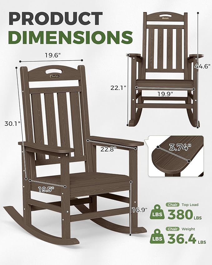 Oversized Outdoor Rocking Chair, HDPE All Weather Resistant Rocking Chairs for Patio, High Back Porch Rocker Chair, 380lbs Weight Capacity, Brown - Image 3