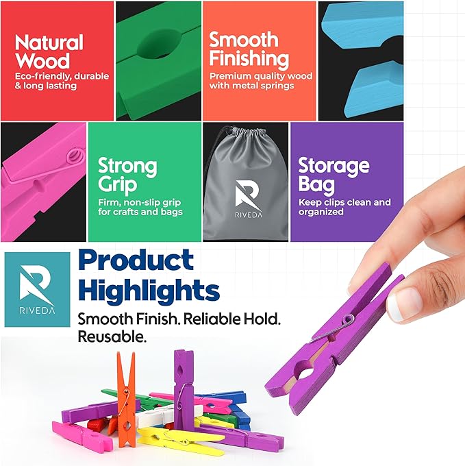 RIVEDA 50pcs Colored Wooden Clothes Pins, 2.9inch 10 Colors, Clothespins - Image 4
