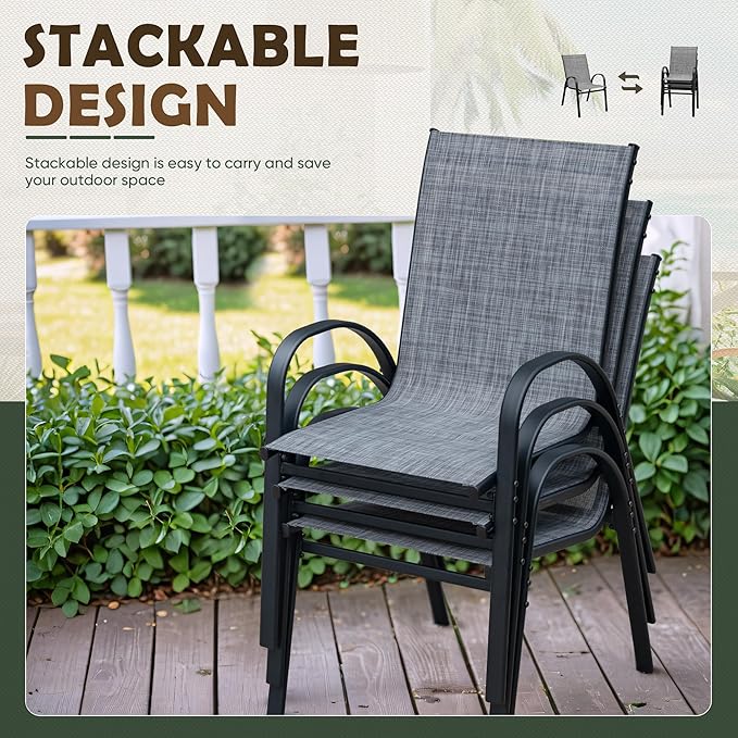 Flamaker Patio Chairs Stackable Dining Chairs Set of 4 Metal and Teslin Outdoor Chairs for Lawn Deck Balcony Porch (Grey) - Image 5
