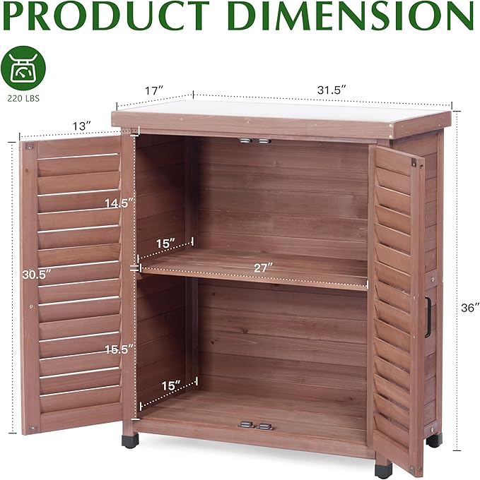 Outdoor Storage Cabinet & Potting Bench Table with Metal Top, Wooden Patio Furniture, Garden Workstation (Dark Brown, 36x31x17in) - Image 3