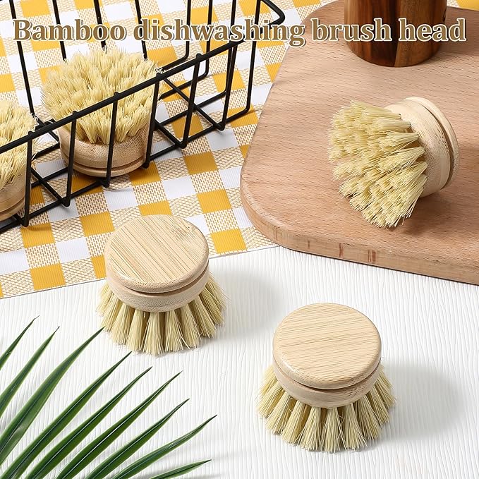 6 Pcs Bamboo Dish Brush Replacement Heads, 1.9 x 1.6 Inch Natural Sisal Bristle - Image 6