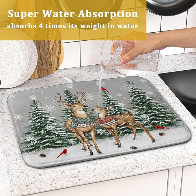 Winter Deer Dish Drying Mat Pine Tree Absorbent Dish Dry Pad Seasonal - Image 7