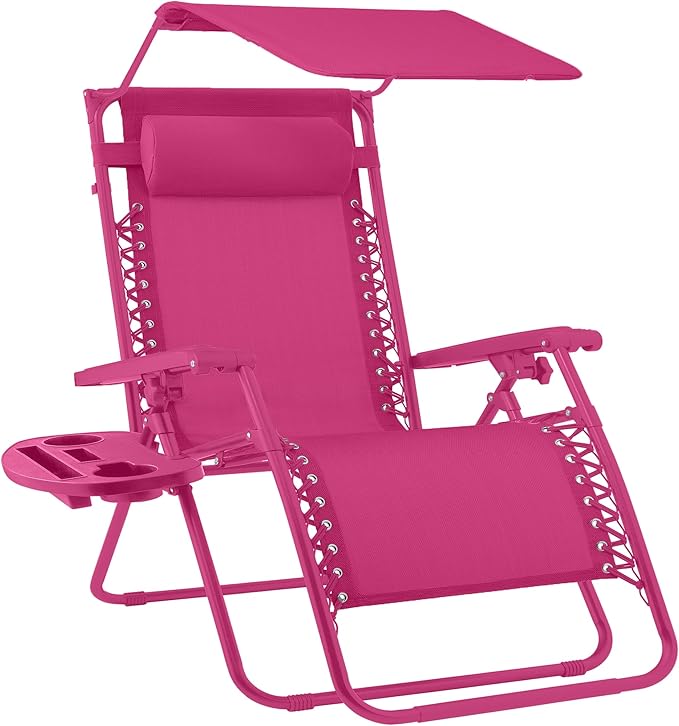 Best Choice Products Folding Zero Gravity Outdoor Recliner Patio Lounge Chair w/Adjustable Canopy Shade, Headrest, Side Accessory Tray, Textilene Mesh - Hot Pink by BestChoiceProducts