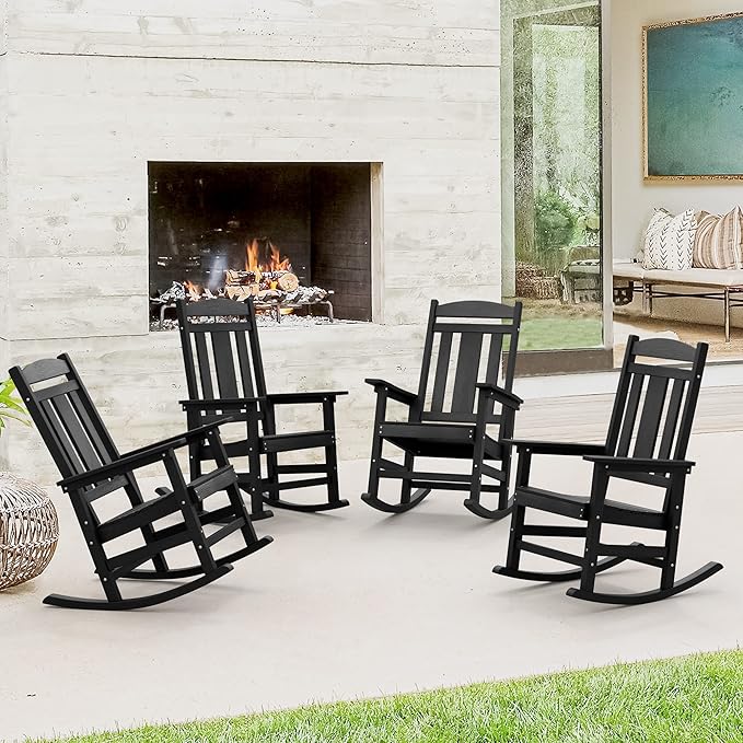 LUE BONA Outdoor Rocking Chairs Set of 4, Weather Resistant HDPS Poly Rocker Chairs, 350lb Heavy Duty, Oversized Porch Rocker for Adult, High Back Smooth Rocking Chairs for Outdoor & Indoor, Black by LUEBONA