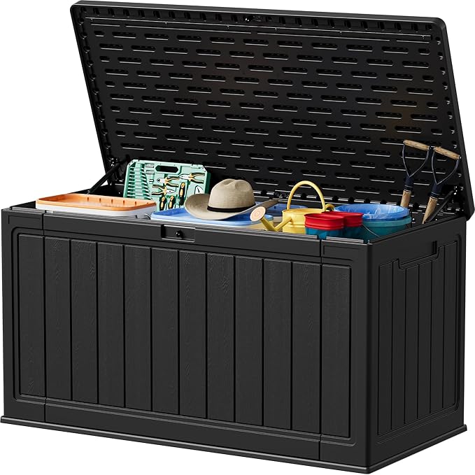 Devoko 160 Gallon Double-Wall Deck Box with Divider, Side Handles, HDPE Outdoor Large Storage Box Waterproof and Lockable for Patio Furniture, Garden, Pool (Black, 160 Gallon) by DEVOKO