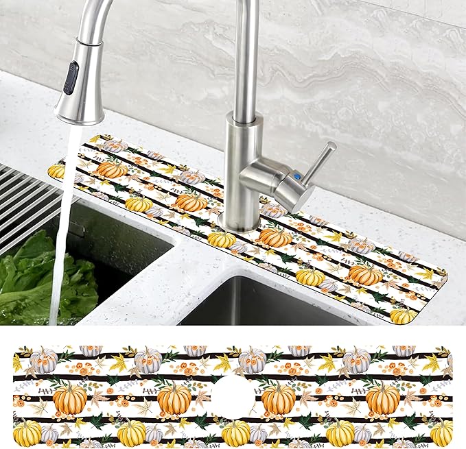 Thanksgiving Sink Faucet Absorbing Mat Autumn Pumpkin Floral Absorbent Fast - Image 4