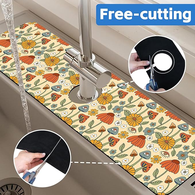 Abstract 70s Mushroom Floral Sink Faucet Absorbing Mat Sink Splash Guard Faucet - Image 7
