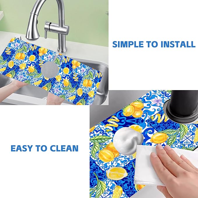 Blue Tiles and Yellow Lemon Sink Faucet Absorbing Mat Sink Splash Guard Faucet - Image 5