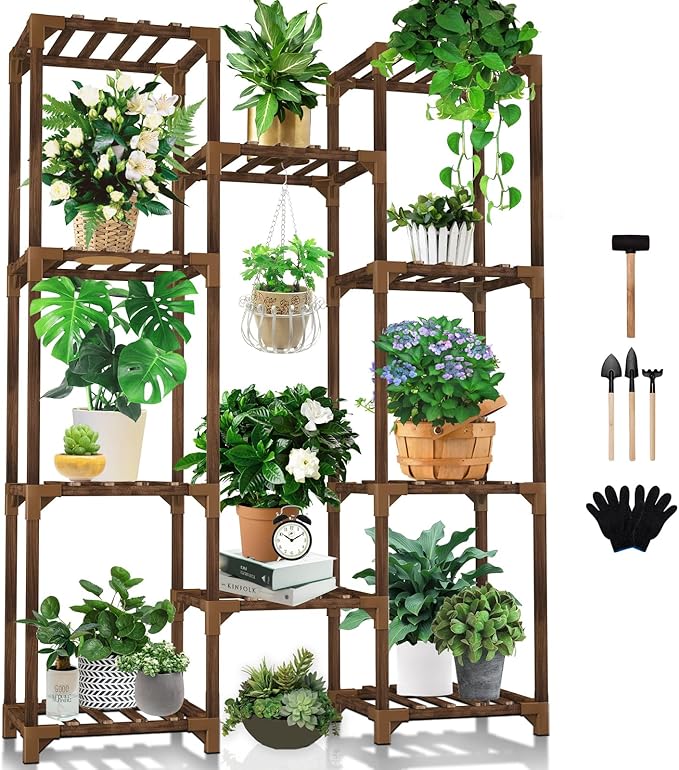 Uneedem Plant Stand Indoor Outdoor, Tall Plant Shelf for Multiple Plants, 10 tiers 11 Pot Large Plants Holder Rack Wood Plant Shelves for Room Corner Balcony Garden Patio by Uneedem