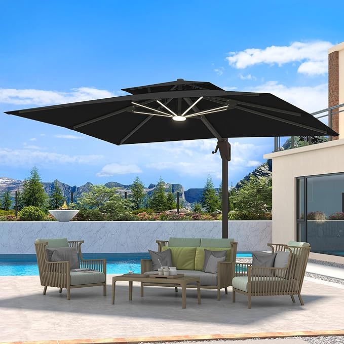 10 X 13 FT Cantilever Patio Umbrella with LED Lights Outdoor Heavy Duty Double Top Windproof Rectangle Offset Umbrellas with 360-degree Rotation for Pool Deck Backyard, Black by Ombrellon