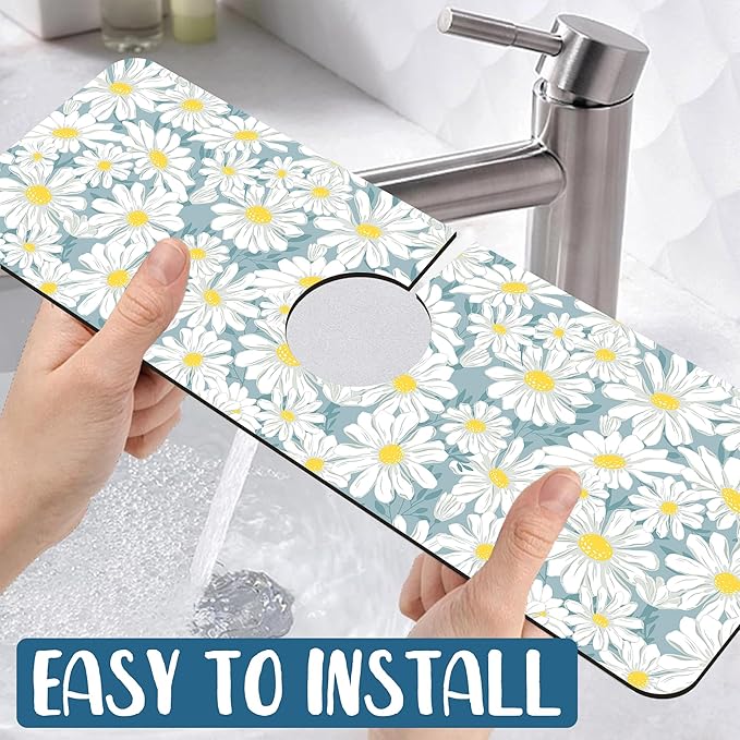 White Flower Sink Splash Guard Cute Chamomile Faucet Absorbing Mat Fast Drying - Image 5