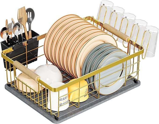 Dish Drying Rack Gold with Diatomaceous Earth 1 Tier, Large Capacity Space by IBEDMAZIE