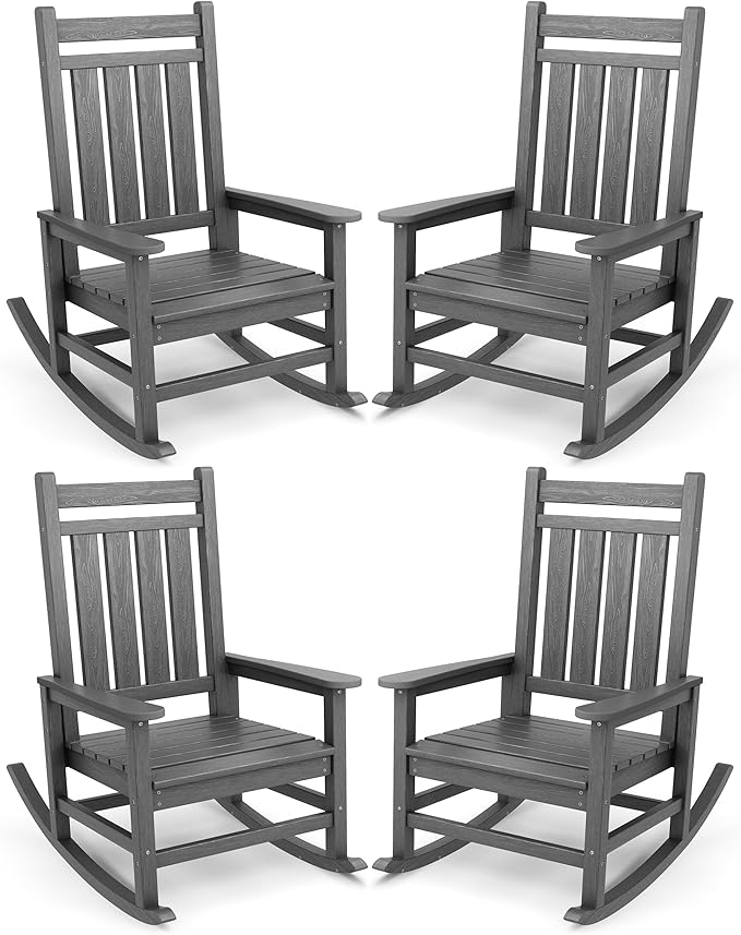 SERWALL Oversized Outdoor Rocking Chair Set of 4, HDPE Rocker for Adults, Patio Rocking Chairs for Porch, Grey by SERWALL