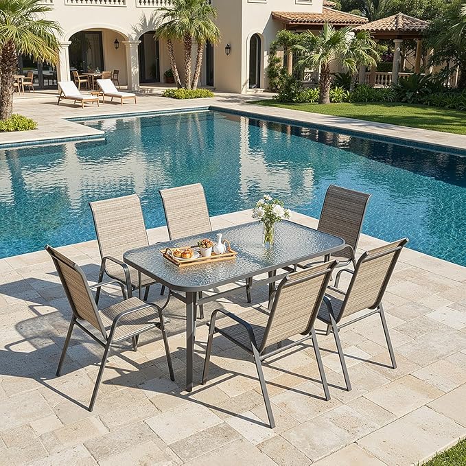 MAMIZO Patio Dining Chairs, Stackable All Weather Teslin Chair, Heavy Duty Outdoor Breathable Chairs Set, w/Armrests, Upgraded Chair FeetW/Strenthened Iron Spacers, 330 LBS (6, Brown) - Image 9