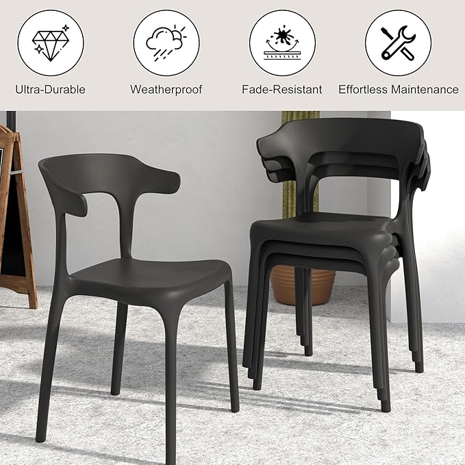 VECELO 4 Pack Plastic Stacking Chairs, Stackable Dining Chairs for Kitchen Restaurant Patio, Portable Indoor Outdoor Use, No Assembly Required, Black - Image 5