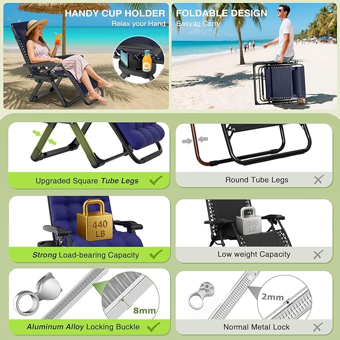 Suteck Zero Gravity Chair, Reclining Camping Lounge Chair w/Removable Cushion, Upgraded Lock and Cup Holder, Reclining Patio Chairs Folding Recliner for Indoor and Outdoor - Image 5