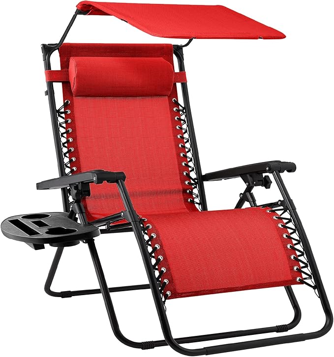 Best Choice Products Folding Zero Gravity Outdoor Recliner Patio Lounge Chair w/Adjustable Canopy Shade, Headrest, Side Accessory Tray, Textilene Mesh - Crimson Red by BestChoiceProducts