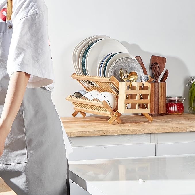 Bamboo Dish Drying Rack-2 Tier, Collapsible Small Dish Rack - Image 2
