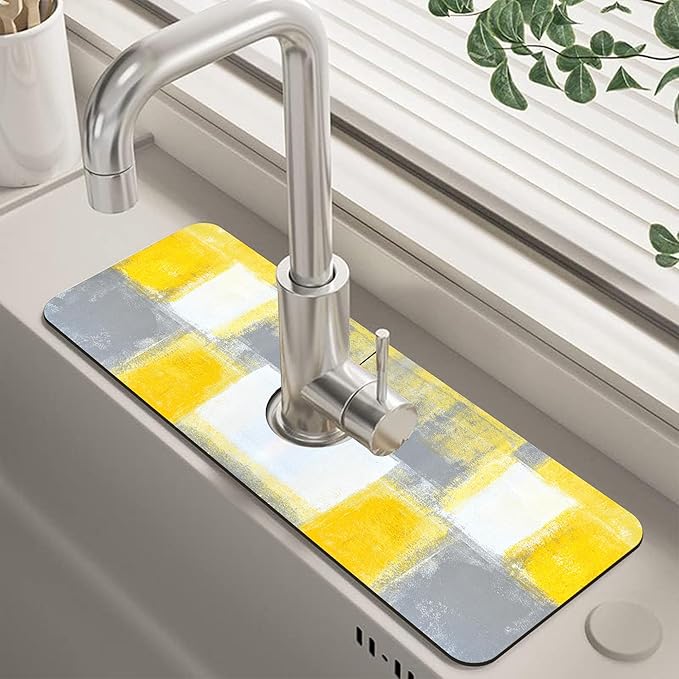Grey and Yellow Abstract Kitchen Sink Splash Guard Mat Absorbent Fast Drying by Unknown