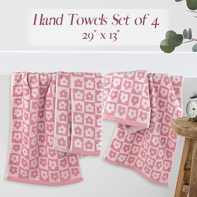 Jacquotha Cotton Hand Towels Pink Checkered Floral - Image 4