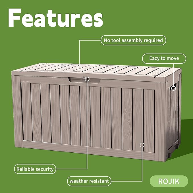 ROJIK Outdoor Storage Housing Deck Box - Waterproof Patio Furniture, Garden Tools, Cushions, Pool Accessories Storage Bench with Lockable Lid and Side Handles (Grey 76 Gal) - Image 3