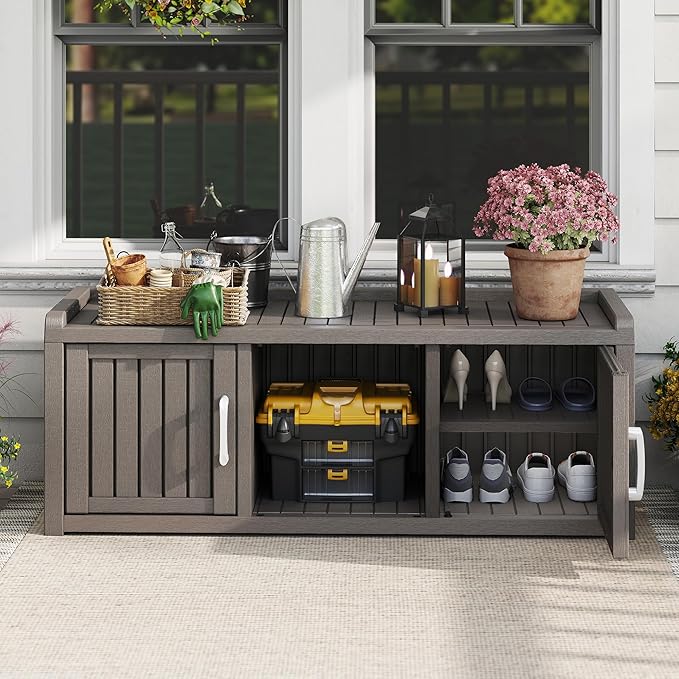 2-Tier Storage Bench, Waterproof UV-Resistant Outdoor Shoe Storage Cabinet with 2 Doors & Adjustable Shelves for Indoor Outdoor Entryway, Hallway, Living Room(Grey) - Image 2