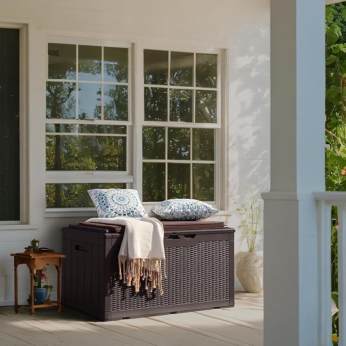 Flamaker Deck Box with Cushion 100 Gallon Waterproof Resin Storage Box with Air Rod Indoor Outdoor Lockable Storage Bench for Patio Furniture, Tools, Pool Accessories (Deep Brown) - Image 2