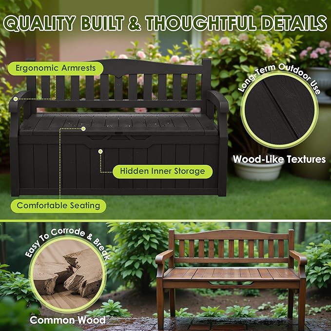Greesum 80 Gallon Outdoor Storage Bench, Weather-Resistant Deck Box, Patio Furniture Bench for Backyard, Garden, Porch, Large Capacity Seat for Pillows Cushions Patio Accessories, Dark Black - Image 5